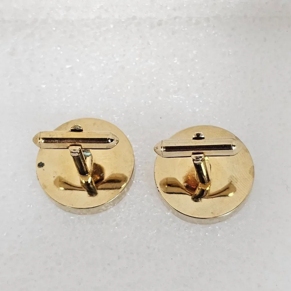 Vintage Swank Golden Brown Tiger Eye Diamond Cut Round Shiny Gold Tone Cufflinks